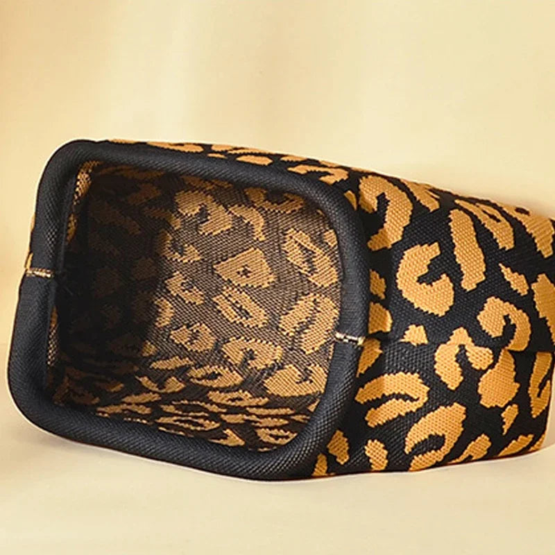 Leopard Print Knitted Clutch Bag Large Capacity Foldable Cloud Ruched Block Grid Clip Bag for Women Beach Crossbody Handbag