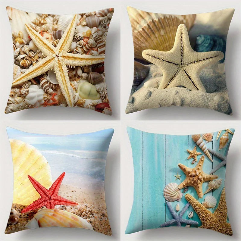 Seaside Starfish and Shells Double-sided Printed pillow cover Short plush Suitable living room bedrooms sofa throw cushion cover