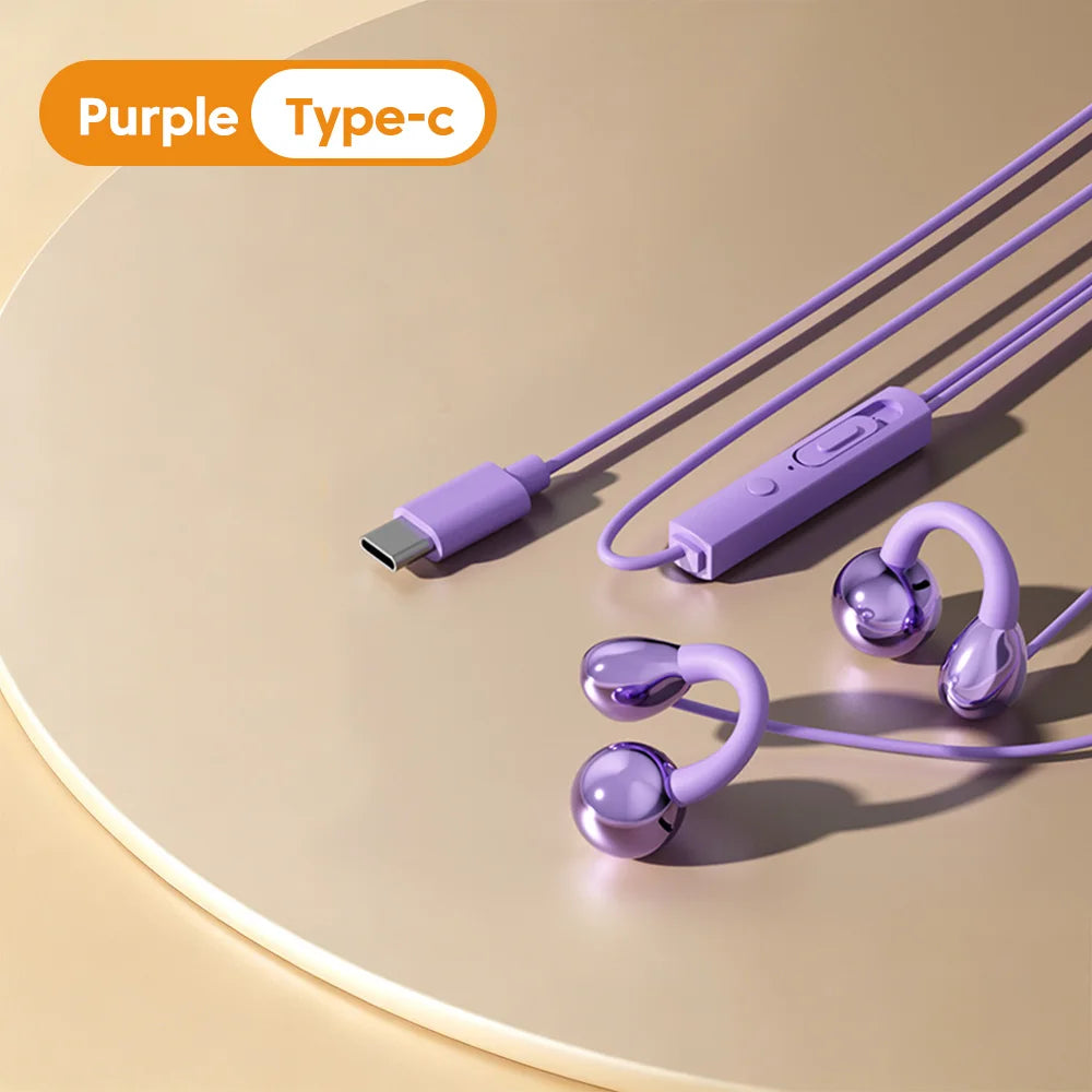 3.5MM/Type C Wired Headphones With Microphone HiFi Sound Ear Clip Wired Earphones Sports Headsets for iphone 15 16 17 Samsung