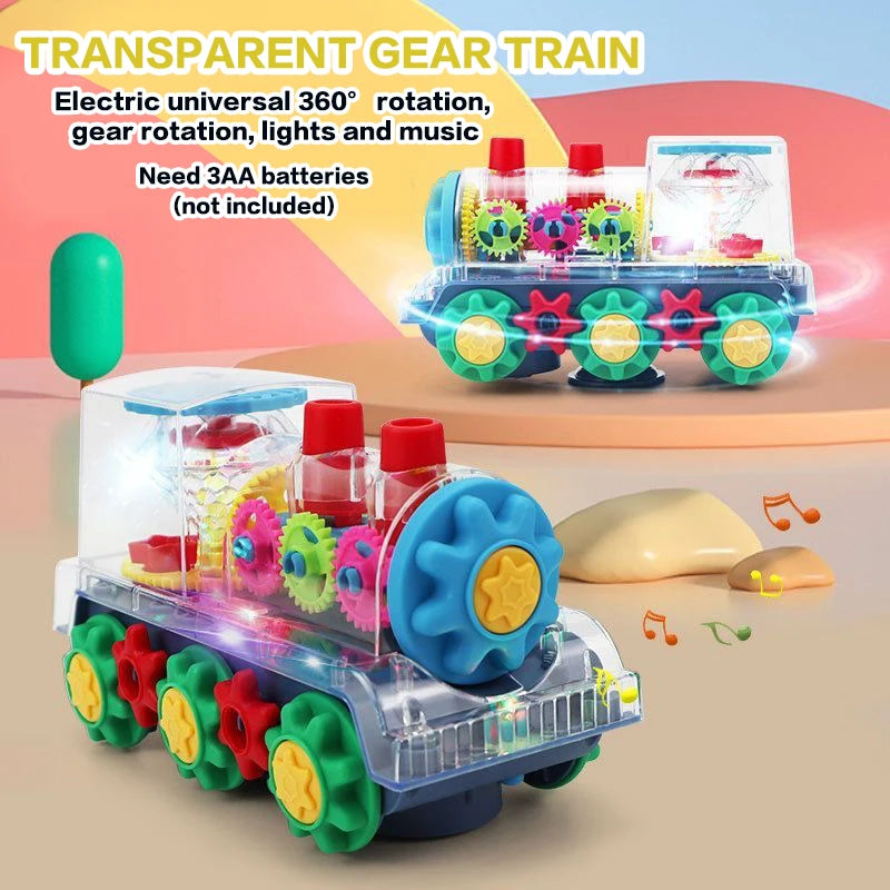 Kids Transparent Gear Train Toy with Colorful Light And Music Educational 360 Degree Rotating Walking Toy Gift for Children