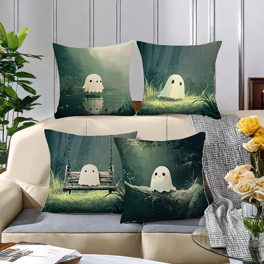 4-Piece 2D Printed Pillowcase Set – Cute Ghosts in Forest, Waterside, Swing & Tree Branch Scenes
