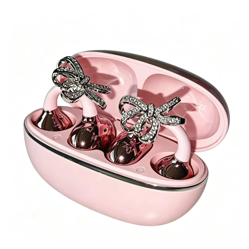Shiny Crystal Bowknot OWS Clip Earbuds TWS Wireless Bluetooth 5.4 Low Latency Sport Headphones with Charging Case