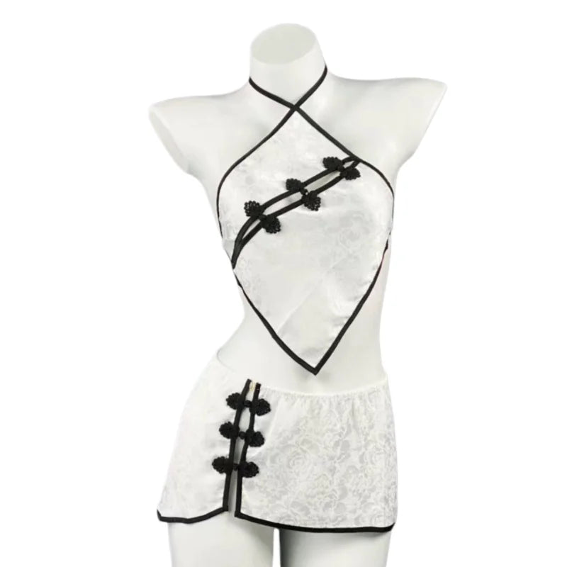 Sleeveless Two-piece Set Temptation Flirtatious Sexy Lingerie Chinese Style Neck Hanging Cheongsam Backless Lace Short Skirt Hot