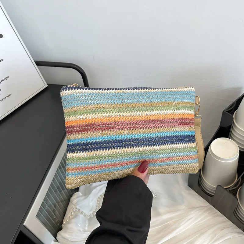 Vintage Hand Woven Clutch Bag Colourful Money Beach Long Bag Handmade Casual Portable Elegant Exquisite for Weekend Vacation