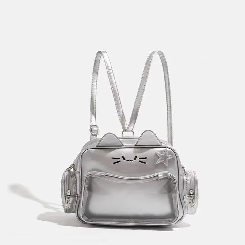Y2K Korean Japan Kawaii Cat Ita Bag PU Cute Girls Transparent Pocket Aesthetic Shoulder Crossbody Bags Women's Fashion Backpacks