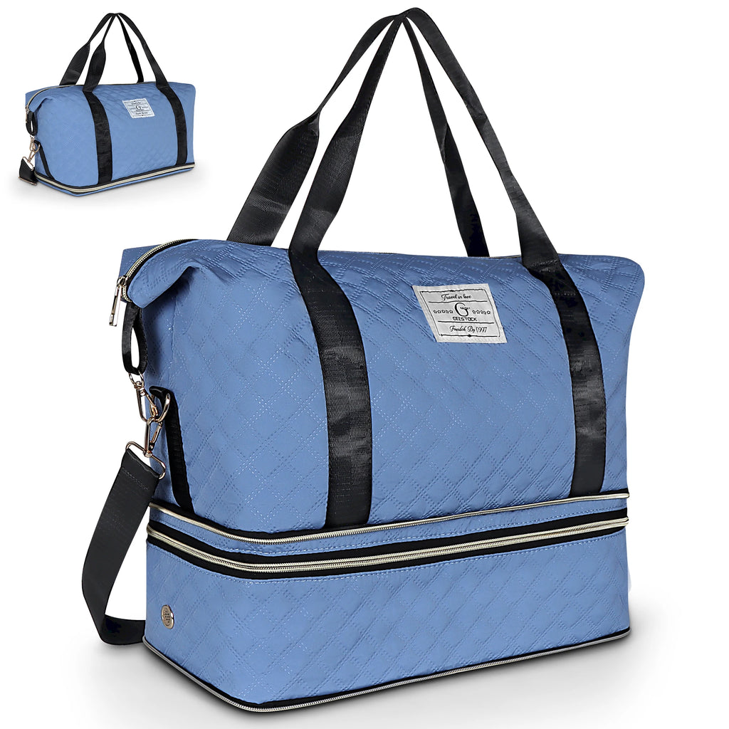 Large Quilted Travel Duffle Bag with Separate Bottom Compartment and Adjustable Shoulder Strap for Weekend and Gym