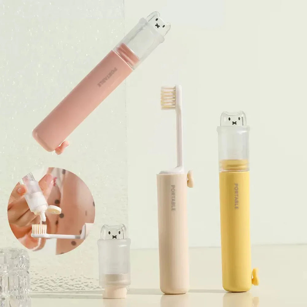 2 In 1 Foldable Travel Toothbrush Set Portable Toothpaste Storage Soft Bristle with Bear Cover Macaron for Business Travel