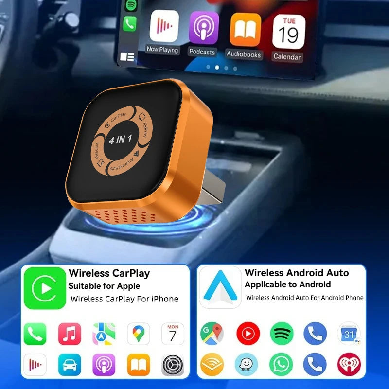 2026 Wireless Carplay Adapter 4in1 Android Auto Connect Airplay Mirror Link Screen USB Plug&Play for Apple and Android CarPlay