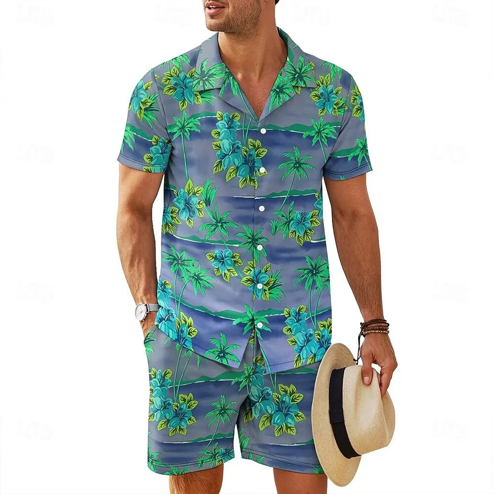 Men's Summer Shirts Set Fashion Plant 3D Print Short Sleeve Top +Shorts 2 Piece Hawaiian Beach Vacation Suit Casual Loose Outfit