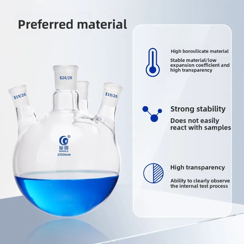 4 Neck Round Bottom Flask 100/150/250/500/1000/2000/5000ml Reaction Bottle Lab Glassware