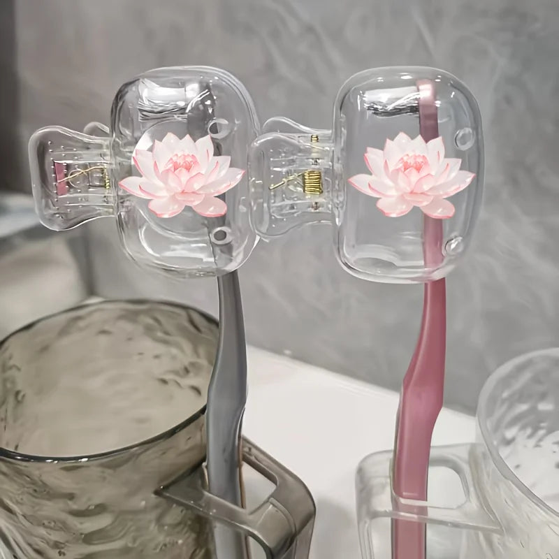 Beautiful Lotus 2pcs Toothbrush Holder Portable Combination Set Protective Cover Suitable for Home Travel Use Storage Clip Trips