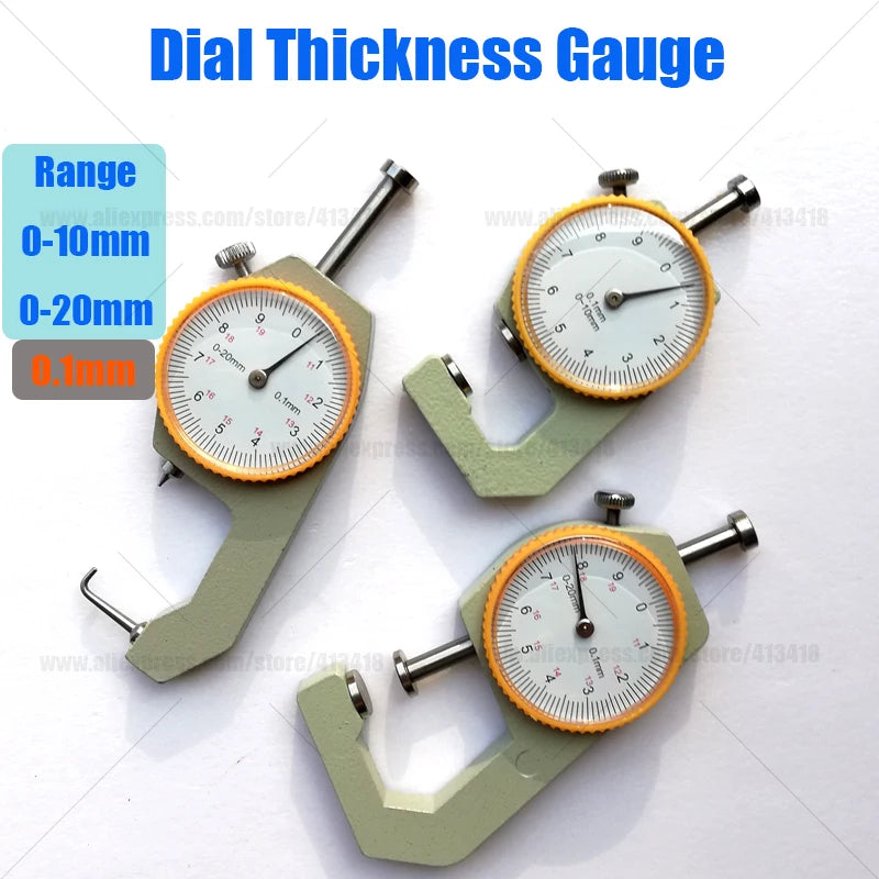 0-10mm0-20mm 0.1mm Resolution Dial Thickness Gauge Leather Flim Paper Jewelry Tube Curved Tip Metal Handheld Meter Tester