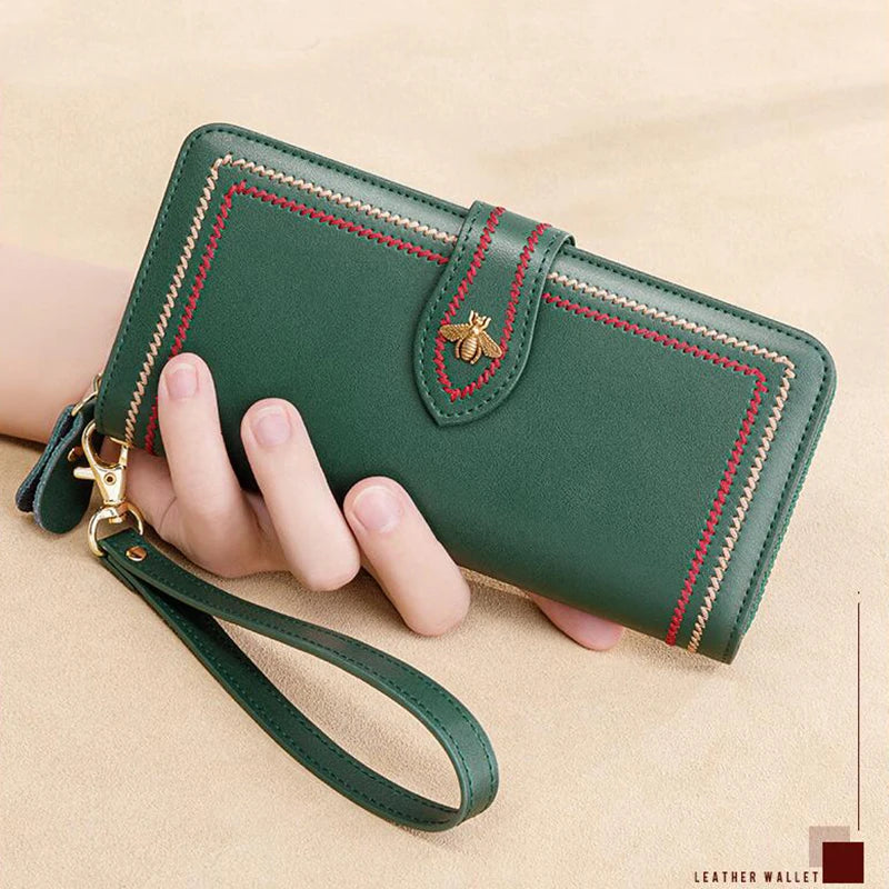 Genuine Leather Wallets Women Clutch Female Purses Long Money Bag Zipper Coin Bee Luxury Brand Wristlet Phone Hasp Card Holder