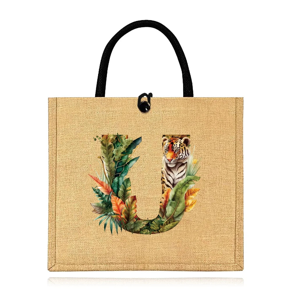 Flax Bag Fastener Handbag Organizer Storage Jute Tote Bags Imitation Cotton Women Valise Portable Jungle Tiger Printing Series