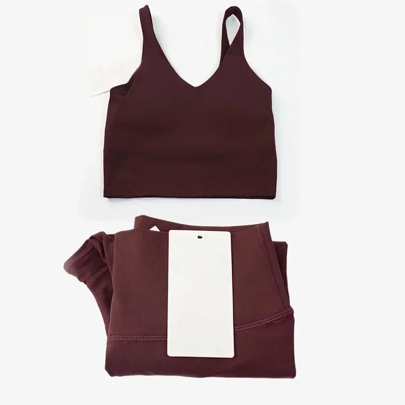 Classic women's 2-piece yoga outfit: U-shaped camisole top & high-waisted nude-feel leggings, suitable for fitness and workout.