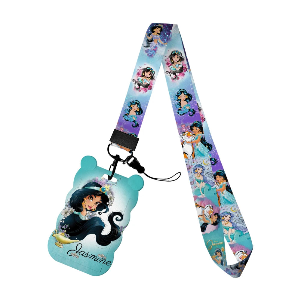 Disney Jasmine Princess Irregular Head Shape Badge Holder Lanyard Keys Chain ID Credit Card Cover Bus Card Holder Glitter Charms