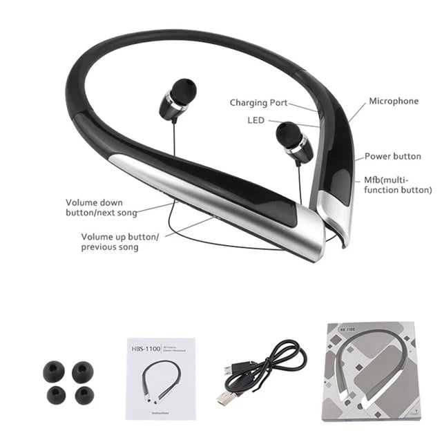 HBS-1100 Stereo Bluetooth Headphone Binaural Hand-free Neckband Earphones Fashion Mini Wireless Headset Binaural Mini Universal