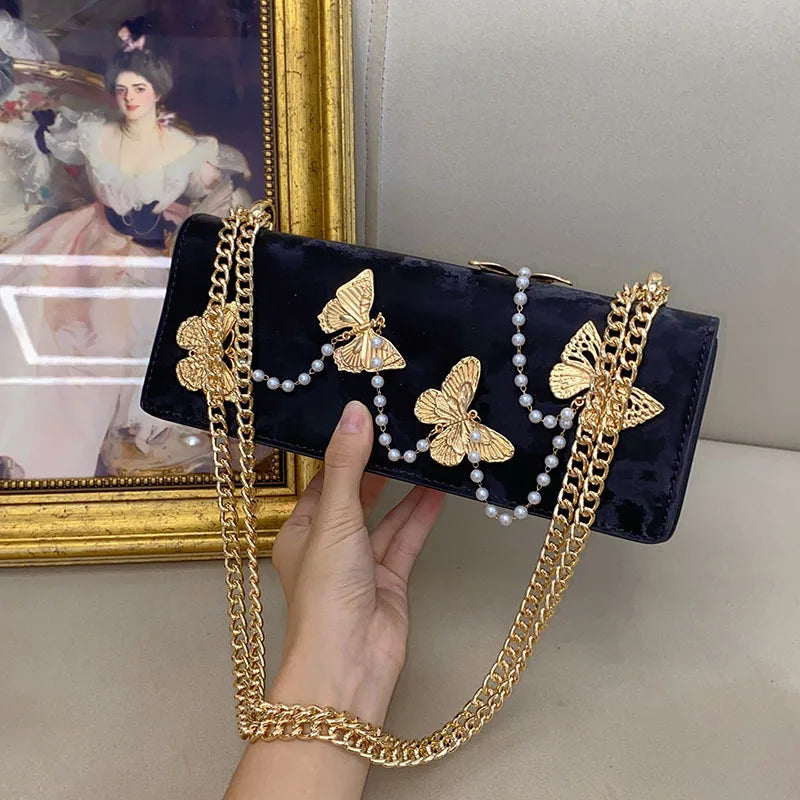 High Quality Textured PU Square Bag Metal Butterfly Pearl Beading Lady Purse Women's Handbag Fashion Shoulder Messenger Bag