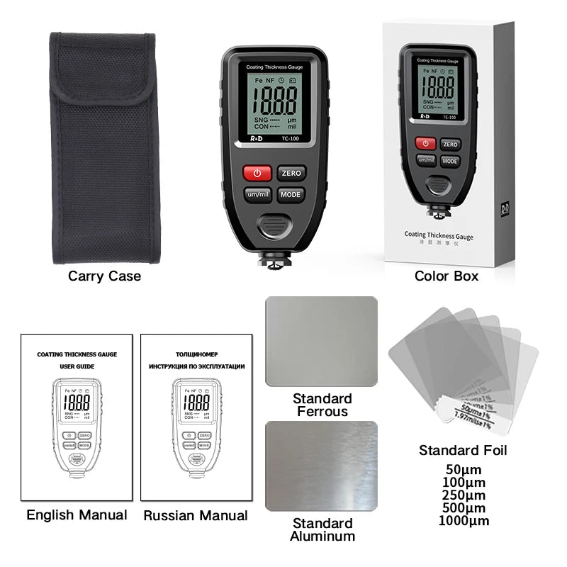 R&D TC100 Car Paint Film Thickness Tester 0.1 Micron Precision Measurement 0-1300 Scale FE/NFE Coating Thickness Gauge