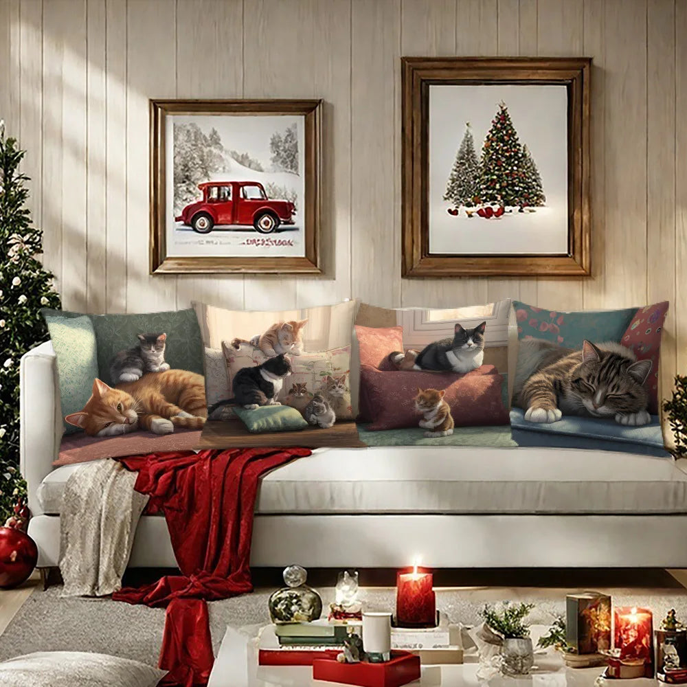 4 Pillow Covers Cute Cat Theme Decorative Cushion Covers Featuring Charming Cats In Cozy Home Settings Perfect For Your Living