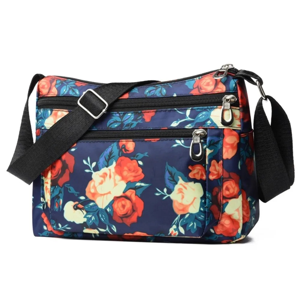 Fashion Nylon Women Shoulder Bag Floral Printed Large Capacity Messenger Bag Waterproof Multi-layer Pocket Handbag Mom