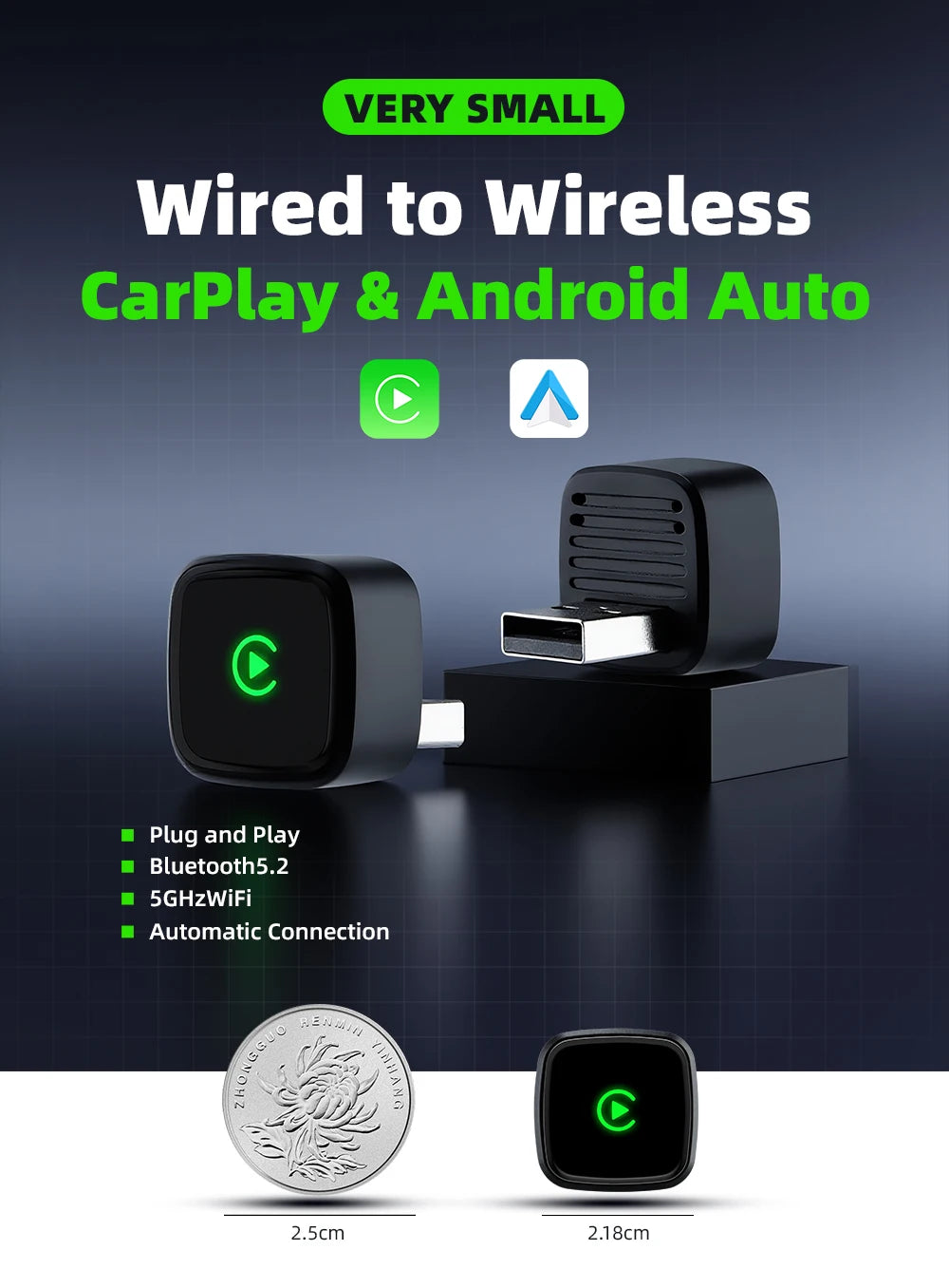 Wireless CarPlay Adapter for Apple Car Play, Small Mini Edition, Converts Factory Wired to Wireless CarPlay, Plug & Play