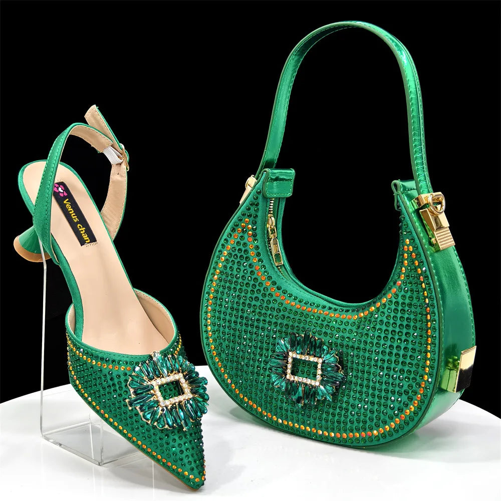 Ladies pointed shoe bag set, diamond buckle flower decoration, wine glass heel, with clutch bag (soft)