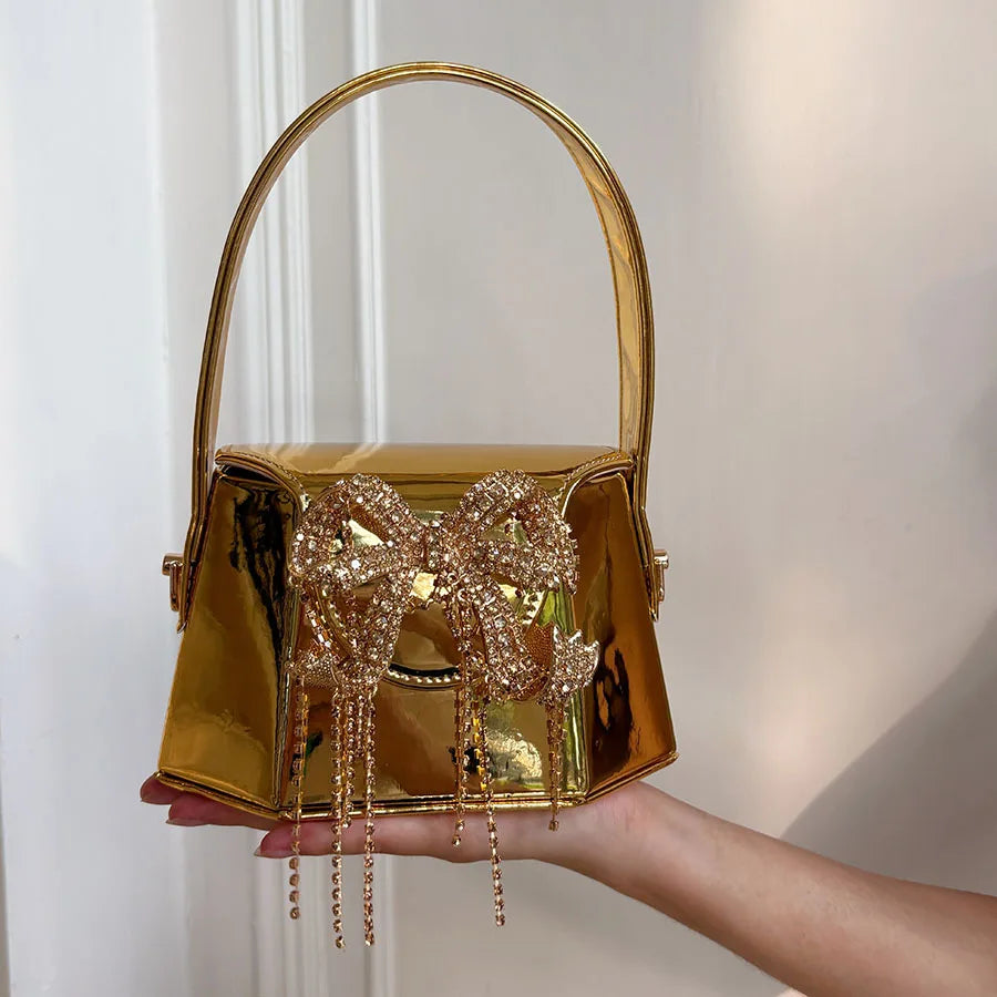 Mirror Mini Portable Small Bag Glossy Metal Embellished Rhinestone Bow Tassel Exquisite Small Dinner Bag