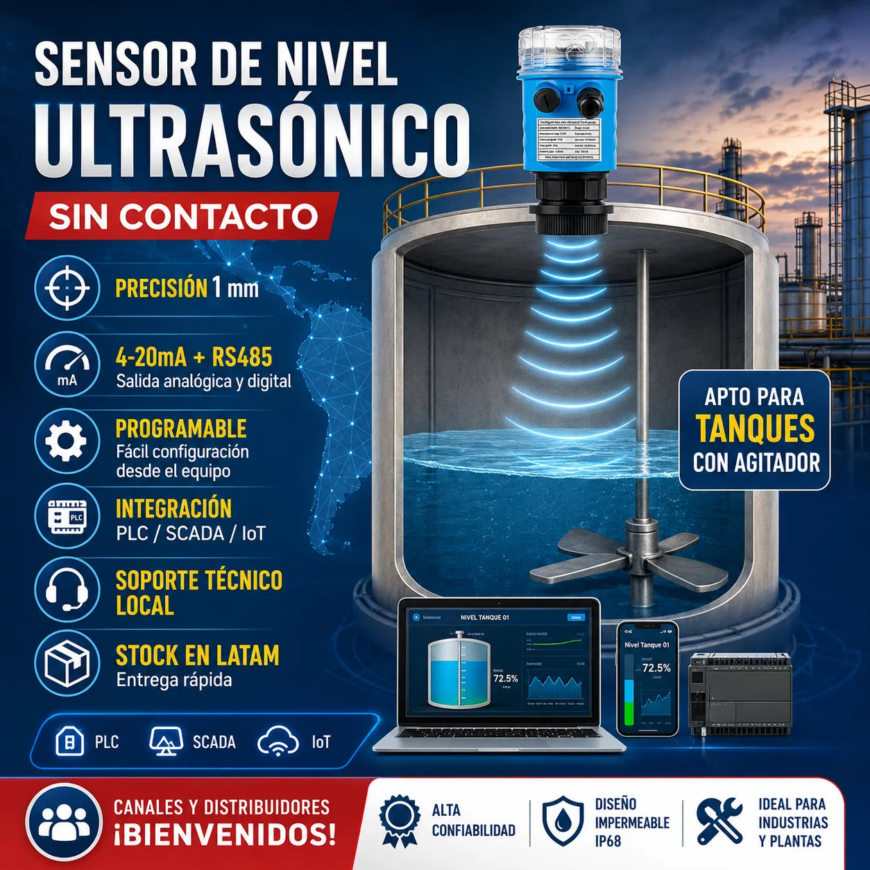 Non-Contact Ultrasonic Level Meter Ultrasonic Level Transmitter Contactless Ultrasonic Sensor for Water Tanks Industrial Tanks and Containers Output 4-20 Ma or Rs485 Level Control