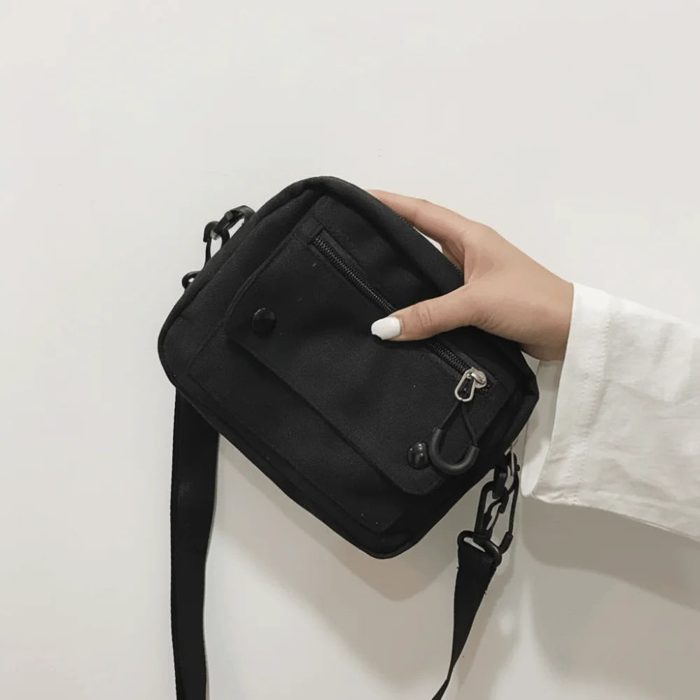 Korean Pure Color Canvas Shoulder Bag Zipper Canvas Mobile Phone Bag Multifunctional Casual Tote Handbag Women Men