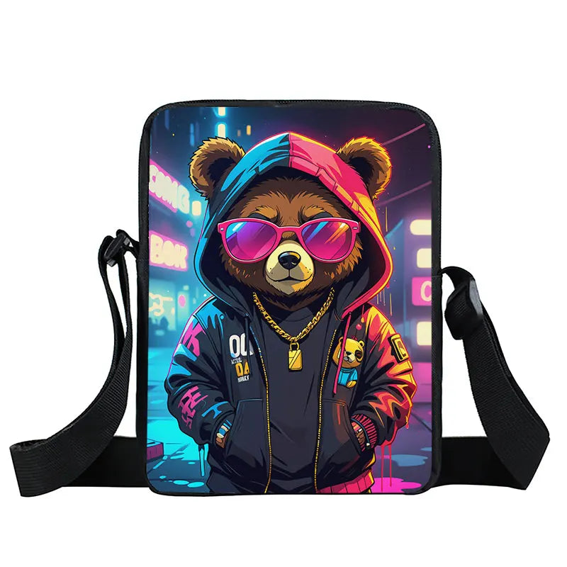 Cute Graffiti Bear Print Crossbody Bags Teenager Boy Girls Women Shoulder Bag Phone Keys Portable Card Storage Bags Gift