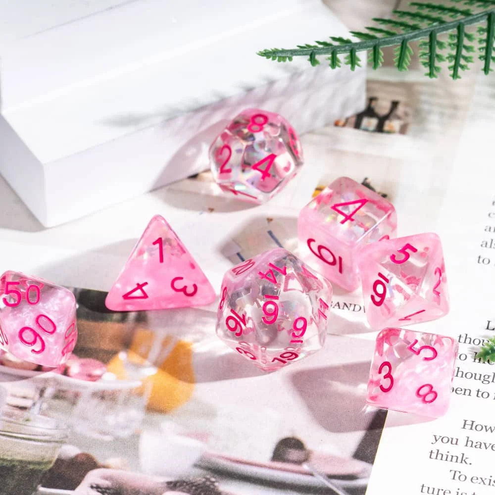 Cusdie Pink Butterfly DND Dice Resin Slice Die D4 D6 D8 D10 D% D12 D20 Polyhedral Dice Set for D&D Role Playing Table Games