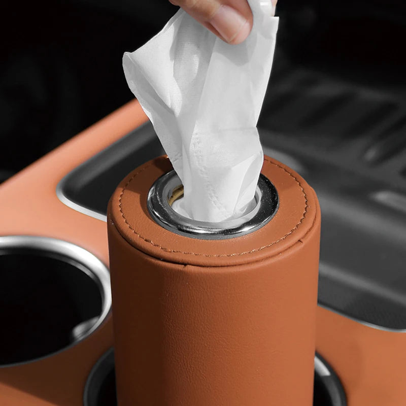 1Pc Universal Cylinder Car Tissue Box Luxury PU Leather Napkin Holder for Cup Holder Storage Case Suitable for Tesla Audi Merced