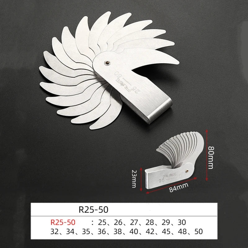 Measuring Tool for Radius Gauge 0.3-7mm High-Precision R-Gauge R7.5-15mm/R15.5-25mm/R25-50mm Arc Radius Measuring Tool Arc Ruler