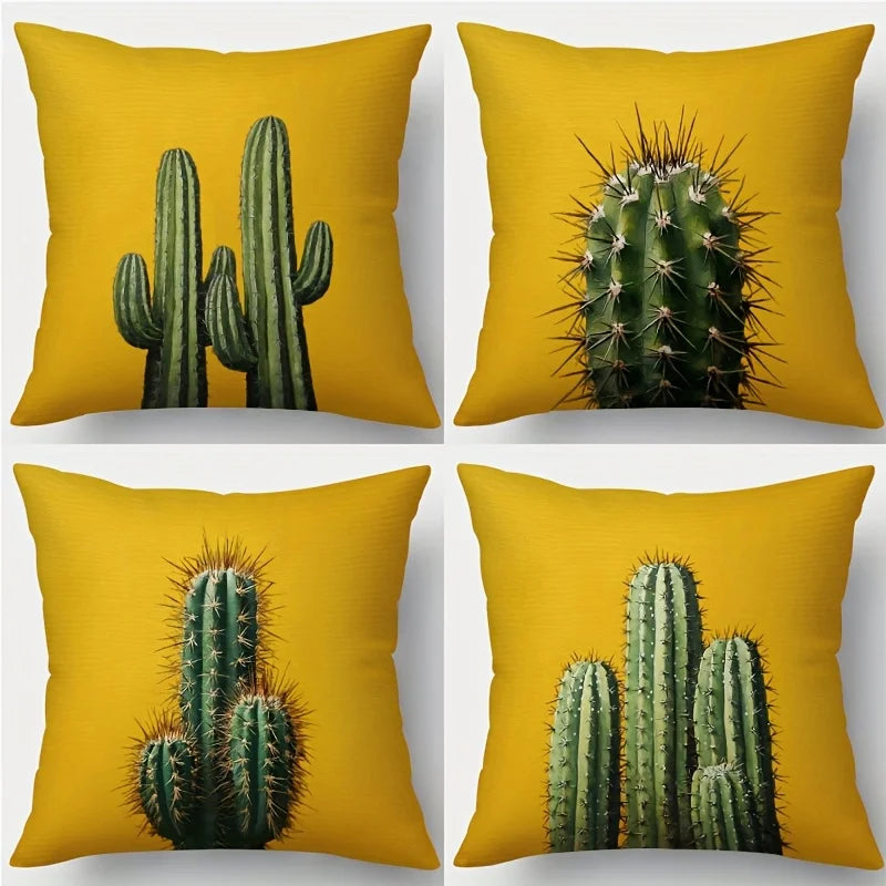 4-Piece 2D Printed Pillowcase Set – Cactus Pattern on Yellow Background