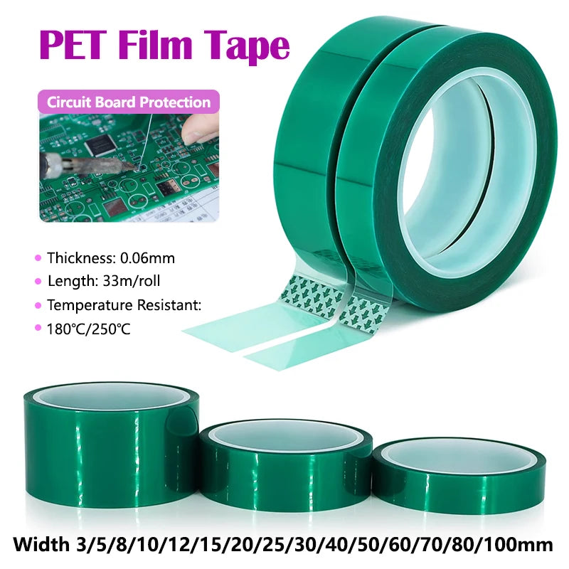 33M/Roll Green PET Film Tape 3mm-100mm High Temperature Heat Resistant PCB Solder SMT Plating Shield Insulation Protection Tapes