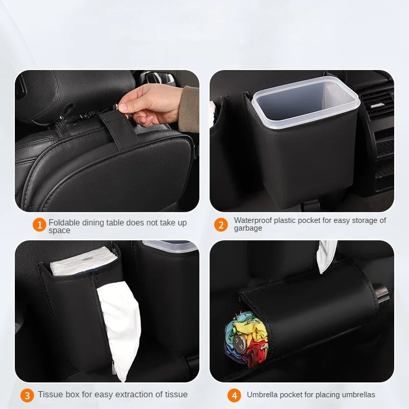 Car Seat Back Organizer With Foldable Table Tray Leather Auto Backseat Hanging Tissue Cup Holder Pockets Trash Can Bin Storage