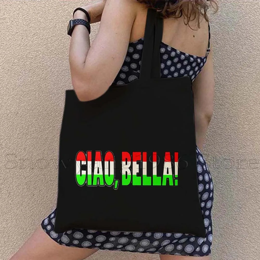Funny Ciao Bella Saying Italy Flag Rome Colosseum Firenze Florence Panorama Italian Canvas Tote Bag Shopper Girl Casual Handbag