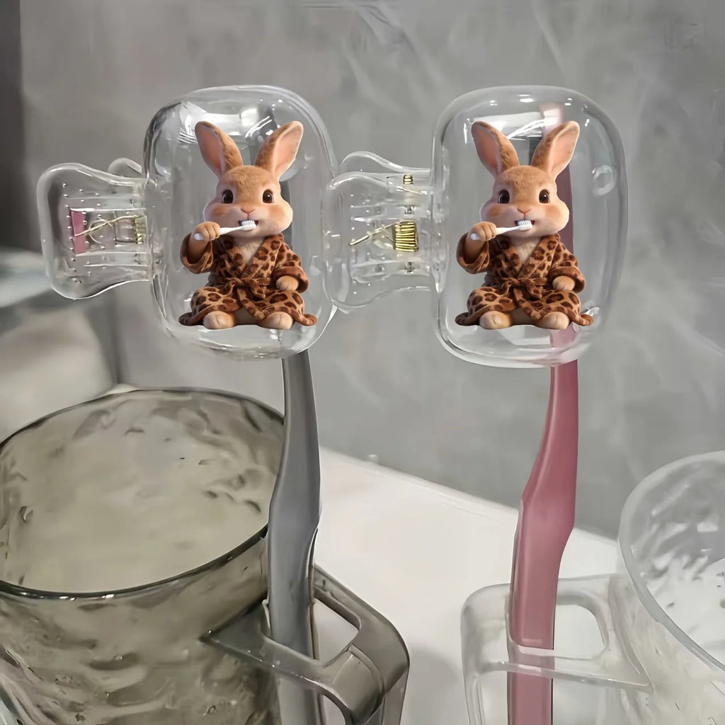 2pcs Rabbit Wearing Leopard Toothbrush Holder Clip Household Portable Travel Essential Toothbrush Cap Storage Box Holiday Gifts