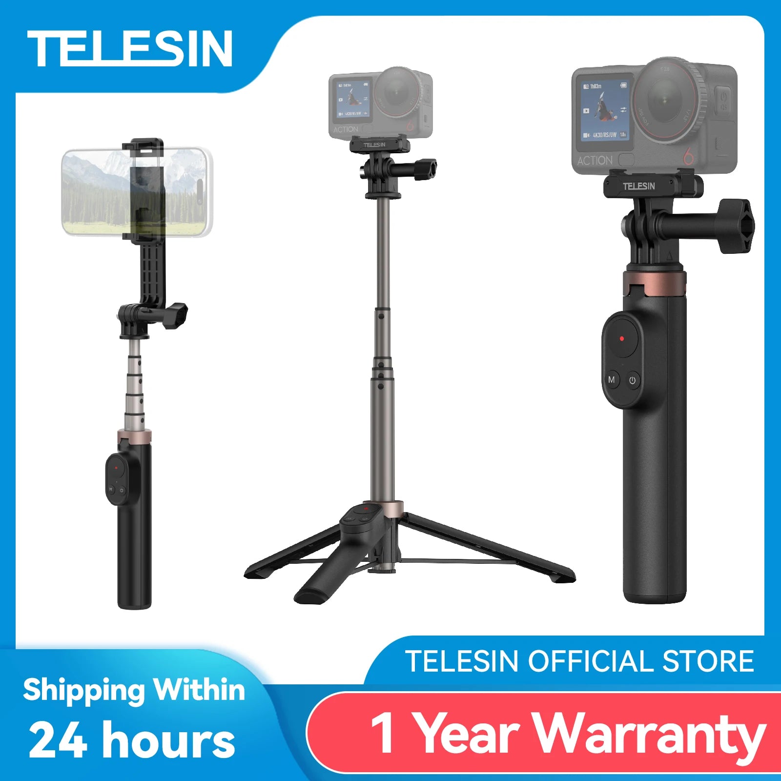TELESIN Remote Control Wireless Bluetooth Selfie Stick Tripod For DJI OSMO Action 4 5pro 6 360 Gopro 9 10 11 12 13 Smartphone