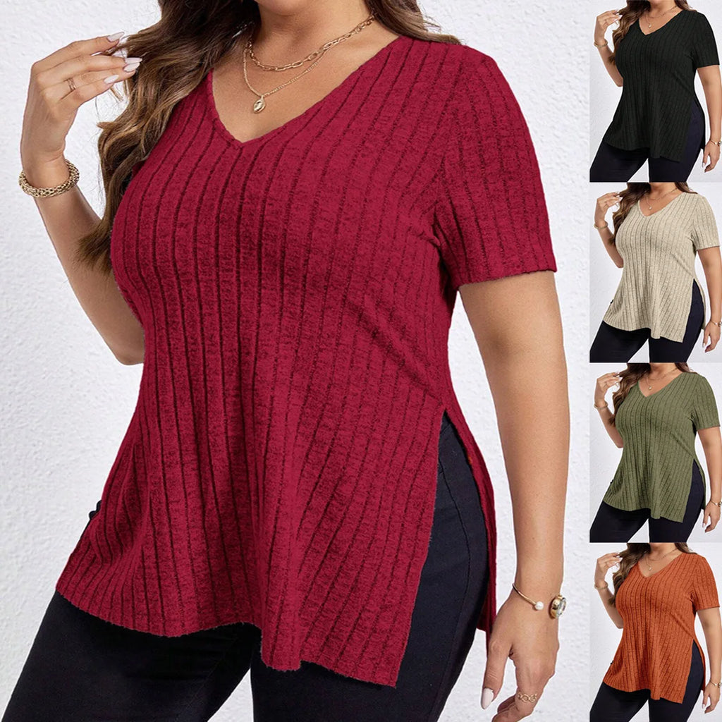 Women'S 1XL-5XL Plus Size T Shirt Summer Solid Color Large Women's Tops V-Neck Pit Striped Short Sleeve Split Loose Black Shirts