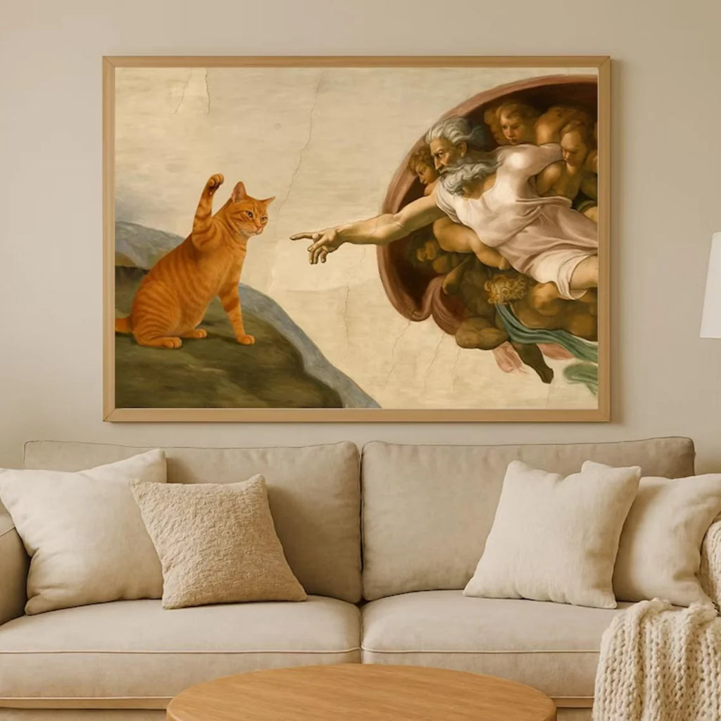 "Whimsical 'Creation of Adam' with Orange Cat Wall Print Decor - Classic Art Parody Poster for Eclectic Living Room, Quirky