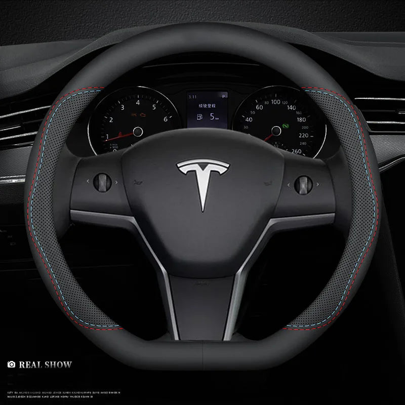 For Tesla Model 3 Model Y Model S Model X Roadster Leather Anti-slip Breathable Car Steering Wheel Cover Auto Accessories