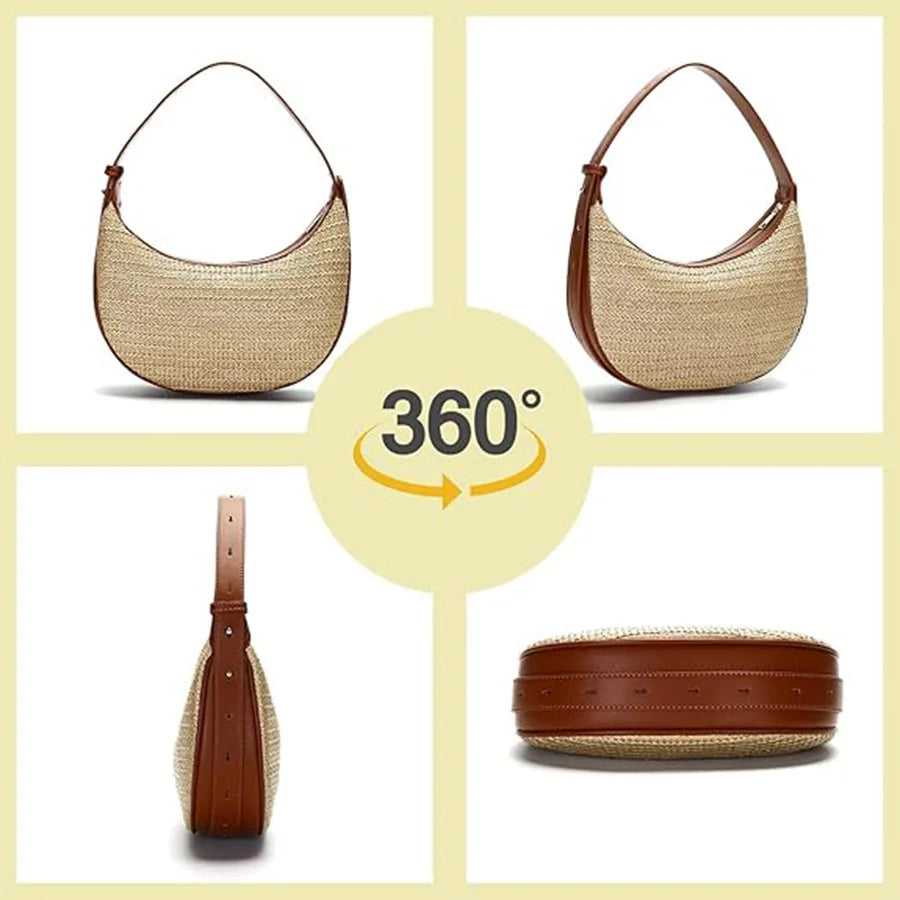 Causal Straw Woven Top-Handle Bags For Women Summer Holiday Beach Wrapped Handbags Ladies Handheld Crossbody Bags Totes Hobos Half Moon Bags