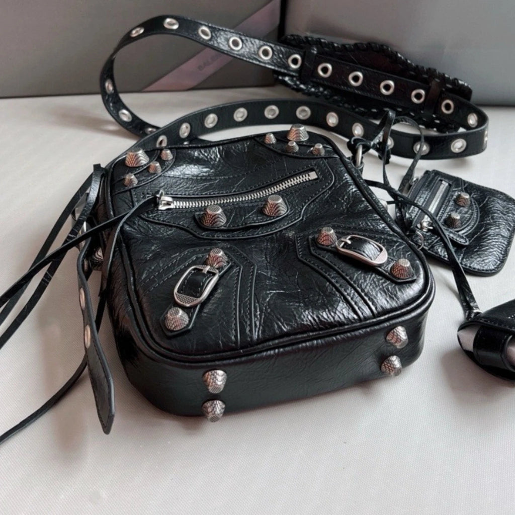 Leather Motorcycle Crossbody Bag Unisex Oil Wax Cowhide Rivet Flip Cover Street Style Soft Square Shape Shoulder Bag for Men...