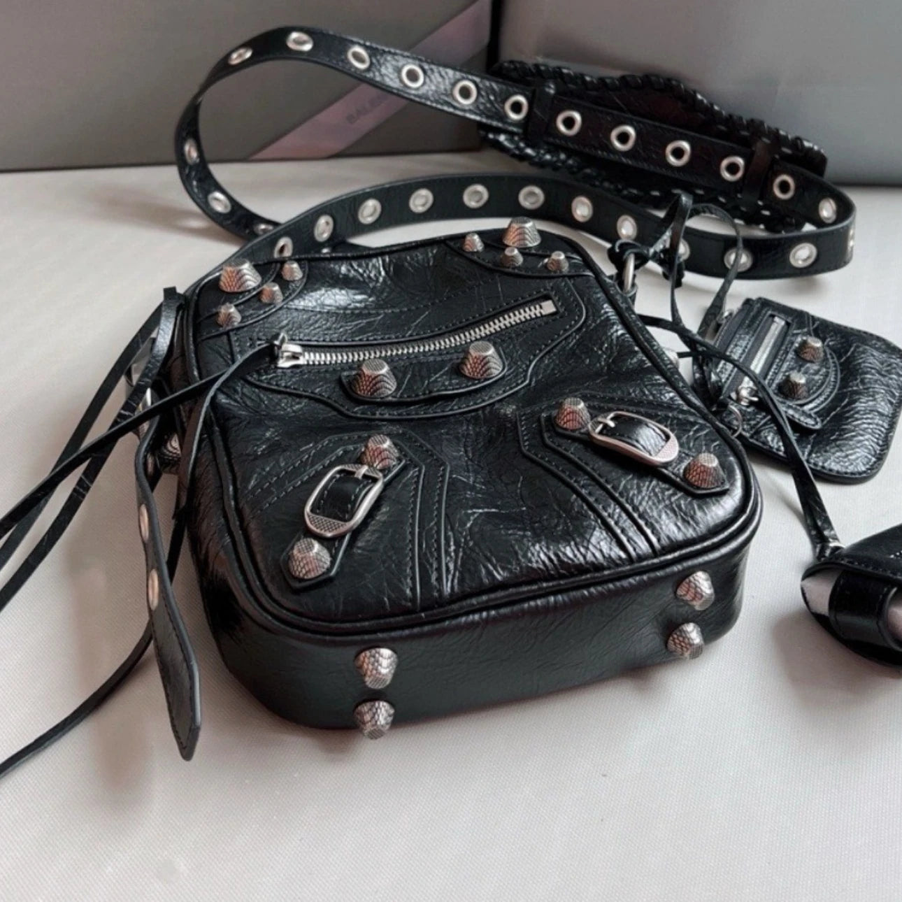 Leather Motorcycle Crossbody Bag Unisex Oil Wax Cowhide Rivet Flip Cover Street Style Soft Square Shape Shoulder Bag for Men...