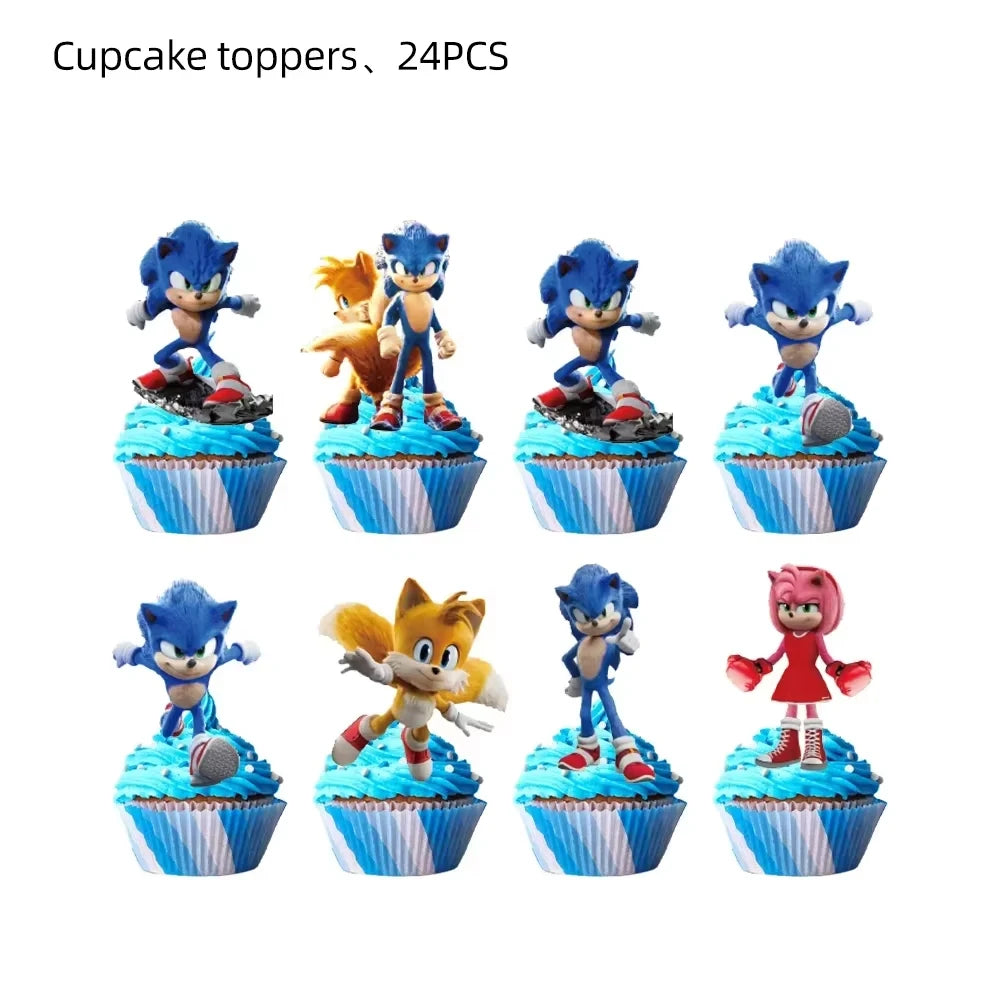 Sonic Birthday Party Supplies Hedgehog Action Figure Disposable Tableware Paper Plates Cup Knife Fork Spoon Baby Bath Toys