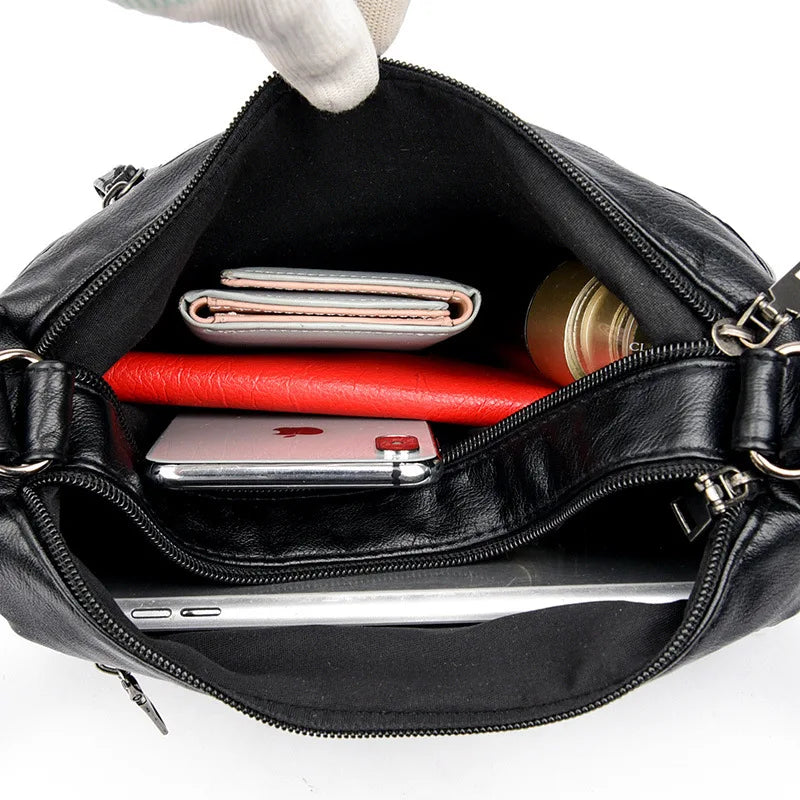 Washed Soft Leather Crossbody Bag for Women Double Layer Large Capacity Shoulder Box Bag Elegant Everyday Purse