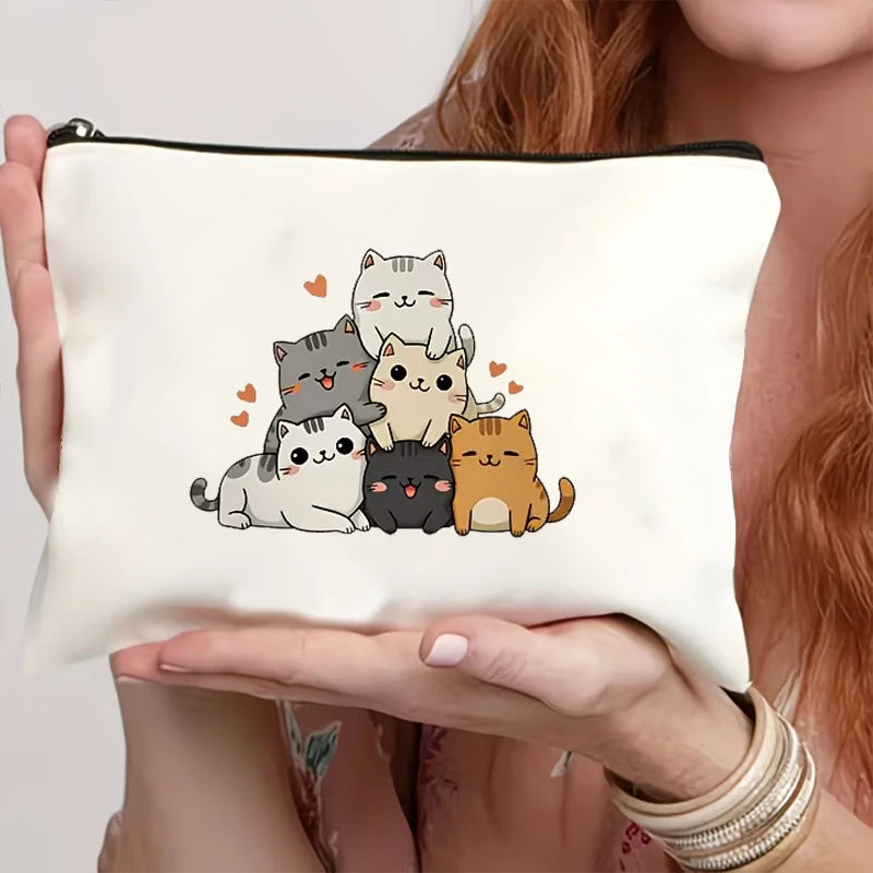 Multi Style Cat Printed Canvas Bag With Zipper Hand-Held Coin Purse Cosmetics Storage Fade-Resistant Cosmetic Bag Gift Friends