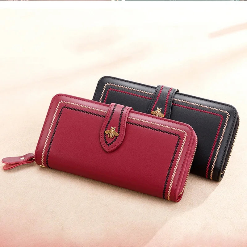 Genuine Leather Wallets Women Clutch Female Purses Long Money Bag Zipper Coin Bee Luxury Brand Wristlet Phone Hasp Card Holder
